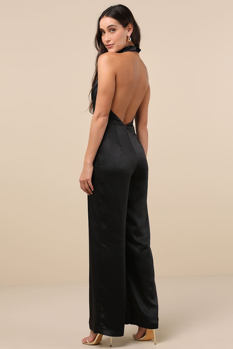 Sensationally Sophisticated Black Satin Halter Vest Jumpsuit