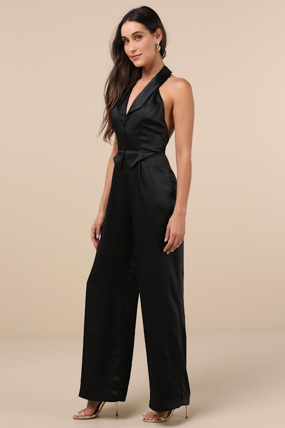 Lulus Sensationally Sophisticated Black Satin Halter Vest Jumpsuit In Black