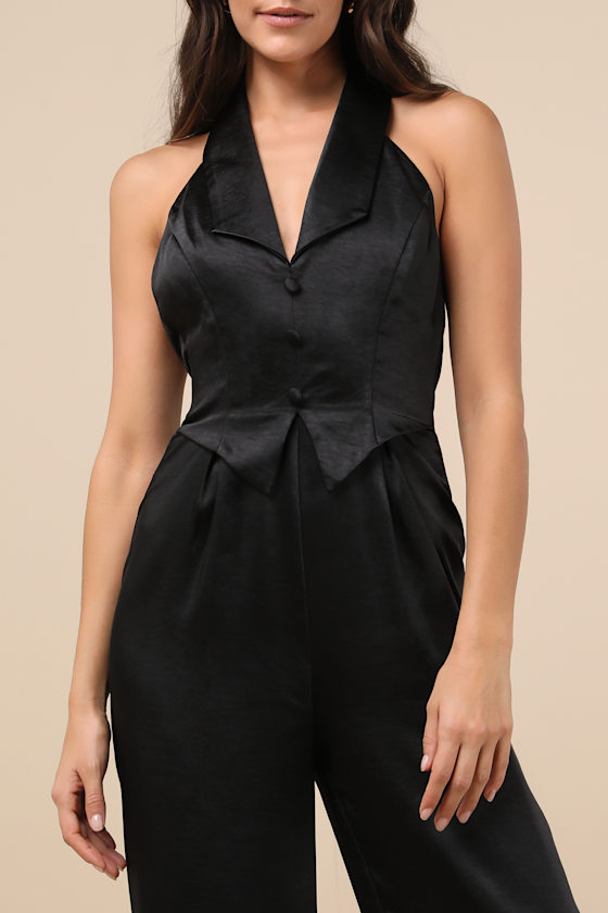 Lulus Sensationally Sophisticated Black Satin Halter Vest Jumpsuit In Black