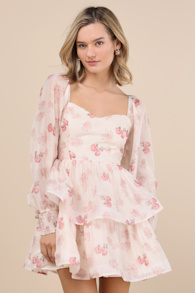 Exemplary Darling Blush Pink Floral Organza Tiered Mini Dress