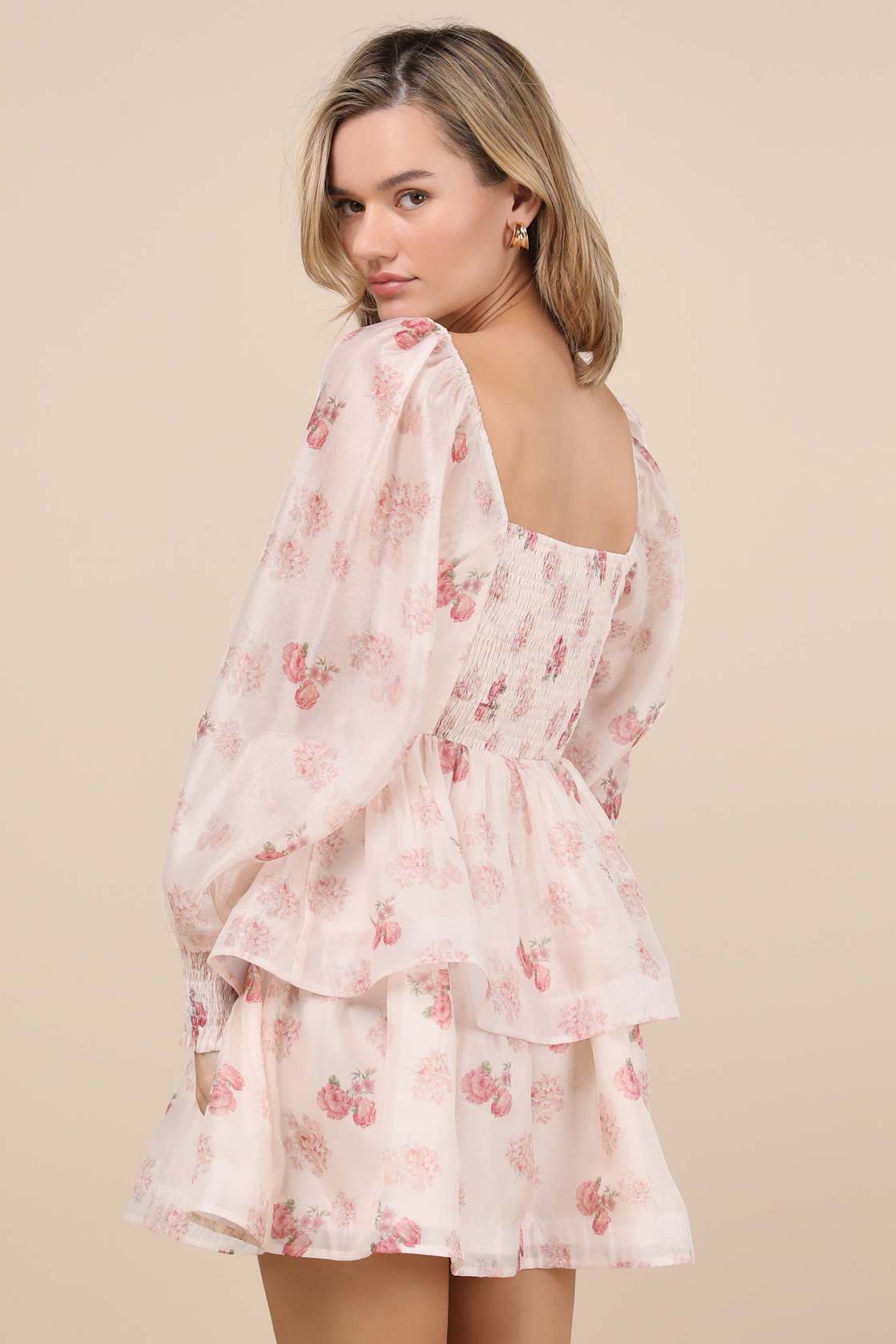 Exemplary Darling Blush Pink Floral Organza Tiered Mini Dress