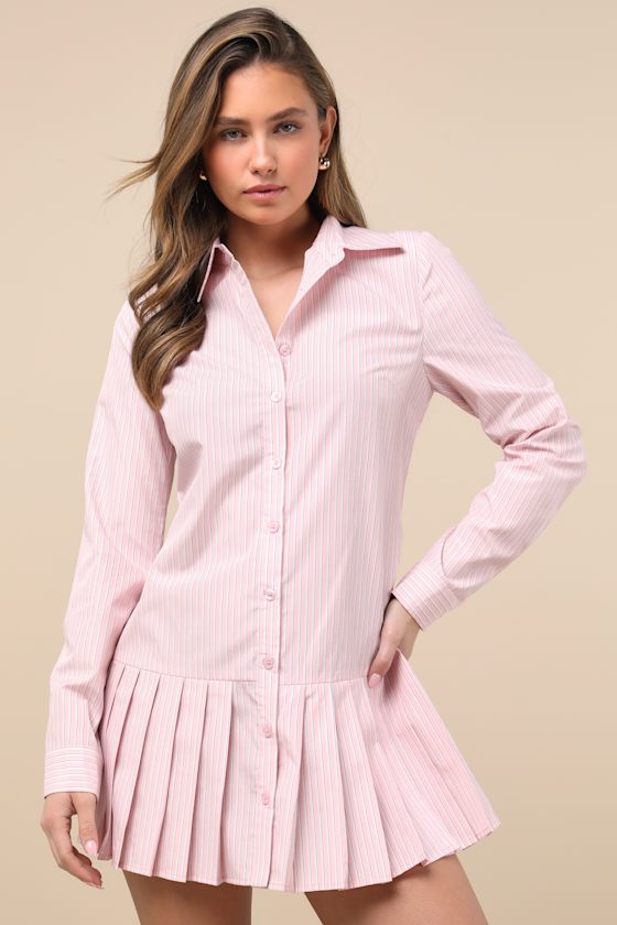 Light Pink Striped Dress - Collared Dress - Mini Shirt Dress