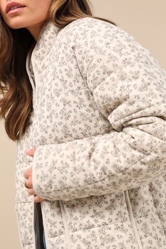 Lulus Bundled Perfection Light Beige Floral Quilted Puffer Jacket In Beige