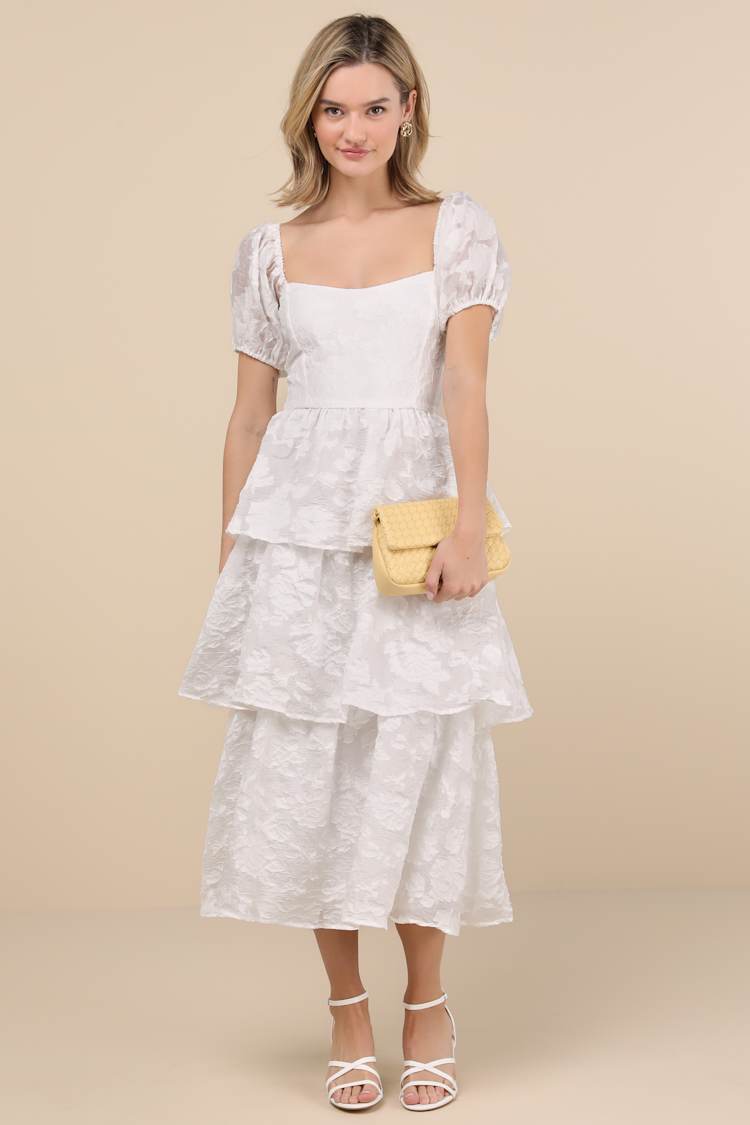 Ivory Jacquard Midi Dress - Puff Sleeve Dress - Tiered Midi Dress - Lulus