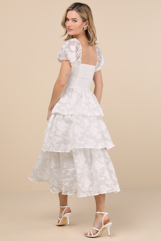 Mesmerizing Sweetheart Ivory Jacquard Puff Sleeve Midi Dress 2