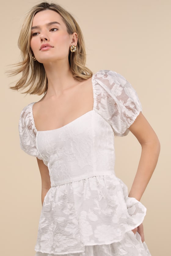 Lulus Mesmerizing Sweetheart Ivory Jacquard Puff Sleeve Midi Dress In Ivory