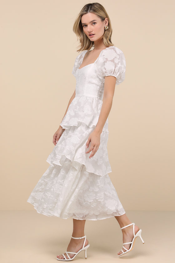 Lulus Mesmerizing Sweetheart Ivory Jacquard Puff Sleeve Midi Dress In Ivory