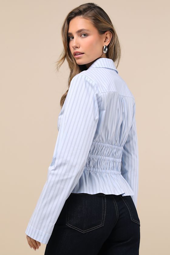 Lulus Polished Essence Blue Striped Collared Tie-front Top In Blue