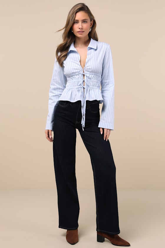 Lulus Polished Essence Blue Striped Collared Tie-front Top In Blue