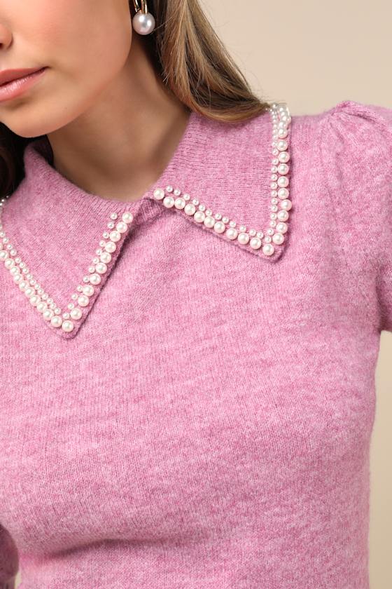 Classy Sophistication Heather Magenta Pearl Collar Sweater Top - thumbnail 4
