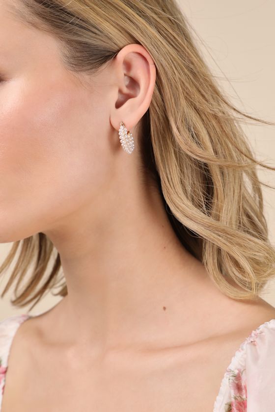 LULUS LUMINOUS MOOD WHITE PEARL HUGGIE HOOP EARRINGS