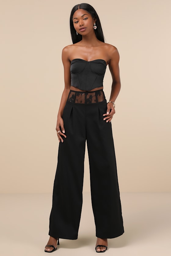 Shop Lulus Unbelievable Allure Black Sheer Lace Wide-leg Trouser Pants