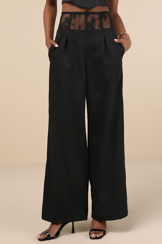 Unbelievable Allure Black Sheer Lace Wide-Leg Trouser Pants 1