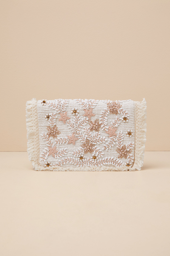 LULUS SABRIYYA CREAM TWEED BEADED FRINGE CLUTCH