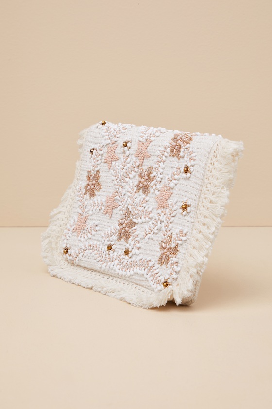 LULUS SABRIYYA CREAM TWEED BEADED FRINGE CLUTCH