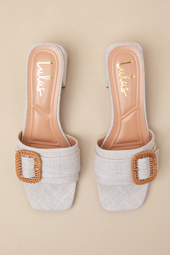 Lulus Calendre Beige Woven Buckle Low Heel Slide Sandals In Beige