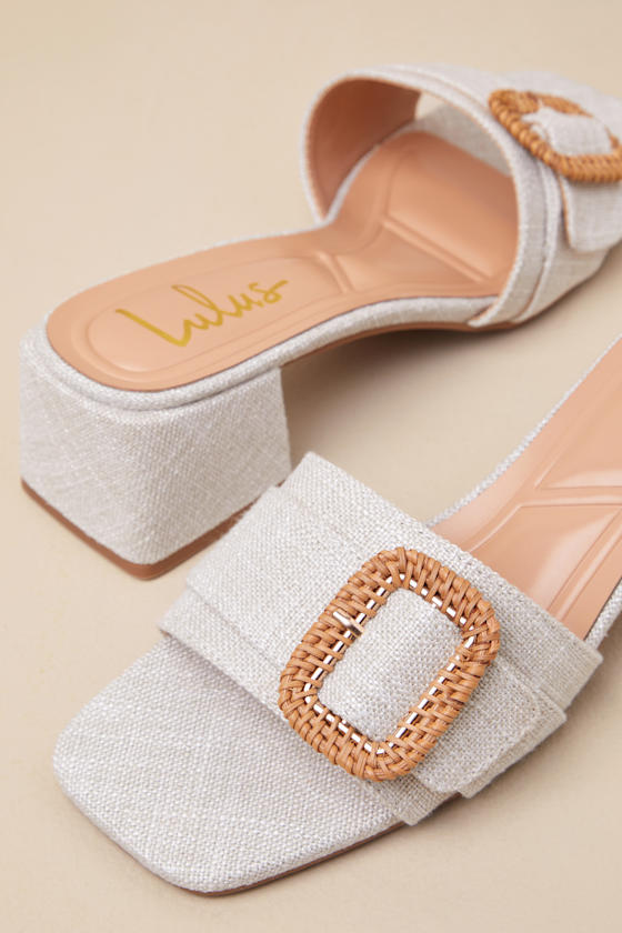 Lulus Calendre Beige Woven Buckle Low Heel Slide Sandals In Beige