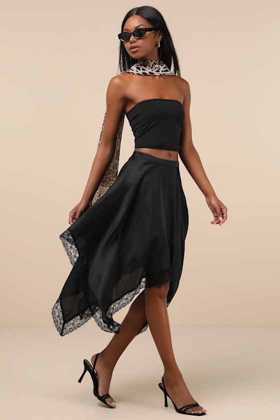 Indescribable Allure Black Satin Handkerchief Midi Skirt 6