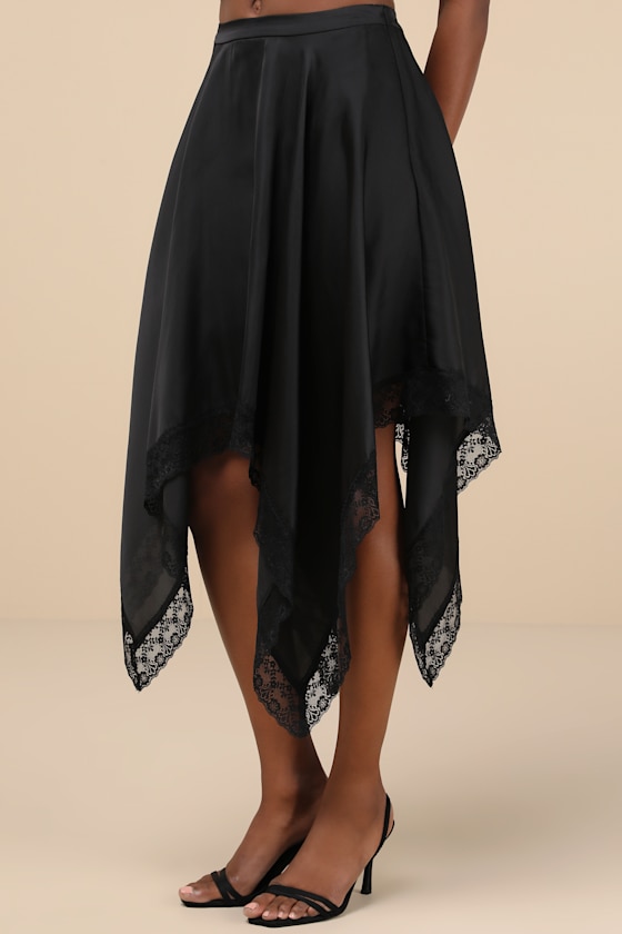 Indescribable Allure Black Satin Handkerchief Midi Skirt 7