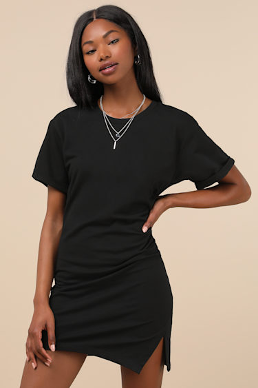 Ruched Dress Black Mini T Shirt Dress Black Jersey Knit Dress