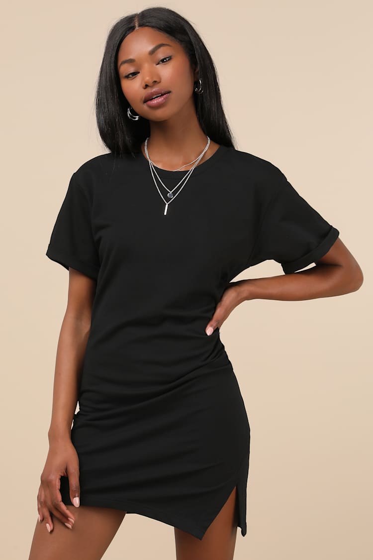 black ruched dress short sleeve Alexander Wang Women's Ruched Logo Short Sleeve Mini Dress Black