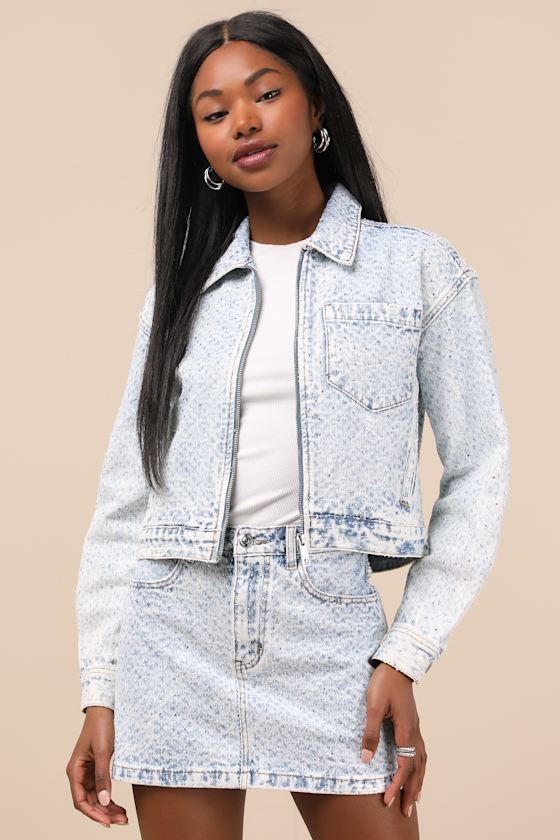 Glacia Light Wash Rhinestone Zip-Front Denim Jacket 2