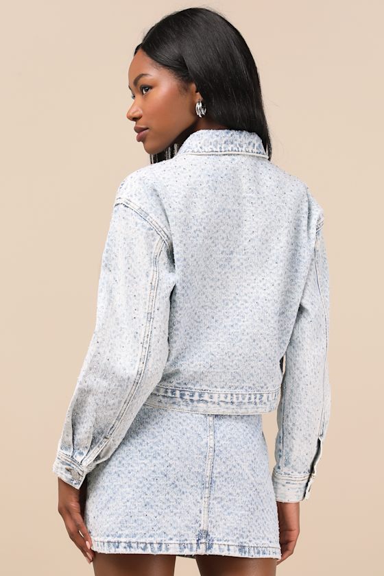 Steve Madden Glacia Light Wash Rhinestone Zip-front Denim Jacket In Blue