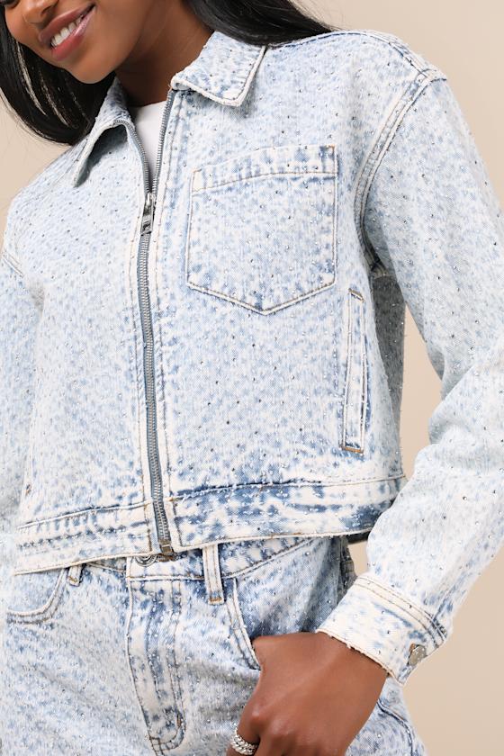 Steve Madden Glacia Light Wash Rhinestone Zip-front Denim Jacket In Blue
