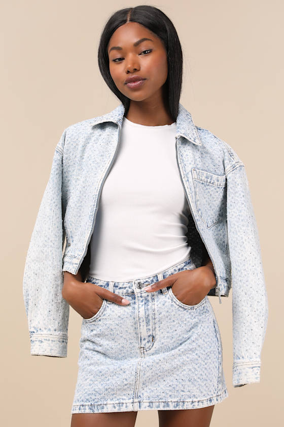 Beck Light Wash Denim Rhinestone Mini Skirt 2