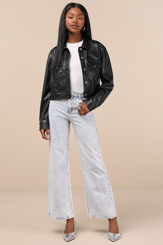Avaline Light Wash Denim Rhinestone Wide-Leg Jeans 2