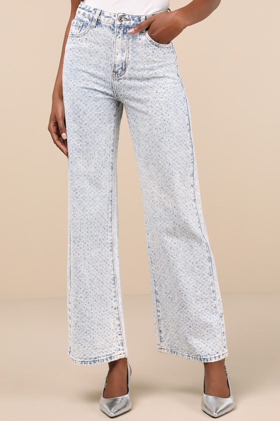 Avaline Light Wash Denim Rhinestone Wide-Leg Jeans 3