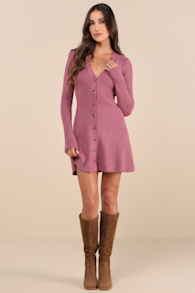 Adorably Flirty Mauve Pink Button-Front Sweater Mini Dress 4