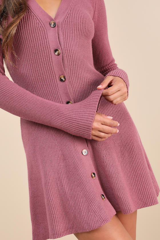 Lulus Adorably Flirty Mauve Pink Button-front Sweater Mini Dress In Mauve Pink