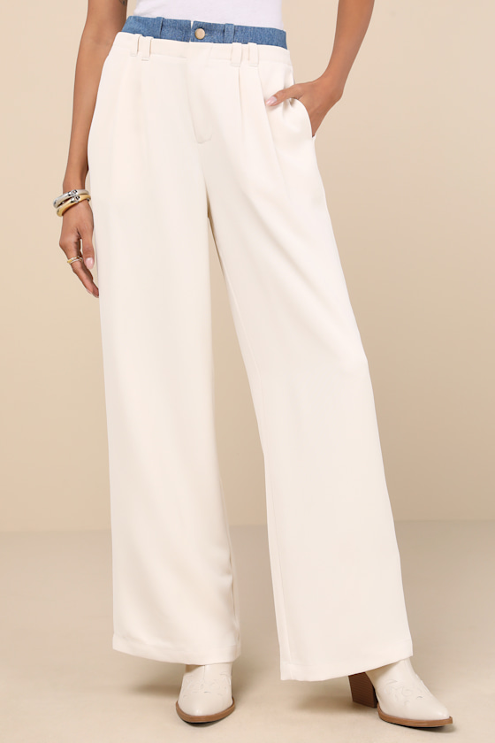 Lulus Confidently Unique Ivory Layered Waist Pants In Ivory