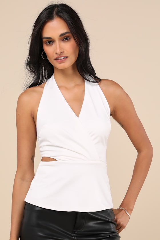 Lulus Poised Expert White Halter Cutout Peplum Top In White