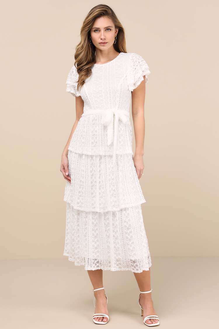 chinese dress ladies Bebe Women's Tiered Lace Midi Dress main image 0