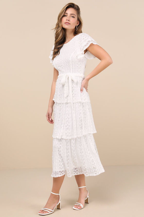 Ivory Lace Dress - Lacy Tiered Midi Dress - Backless Midi Dress