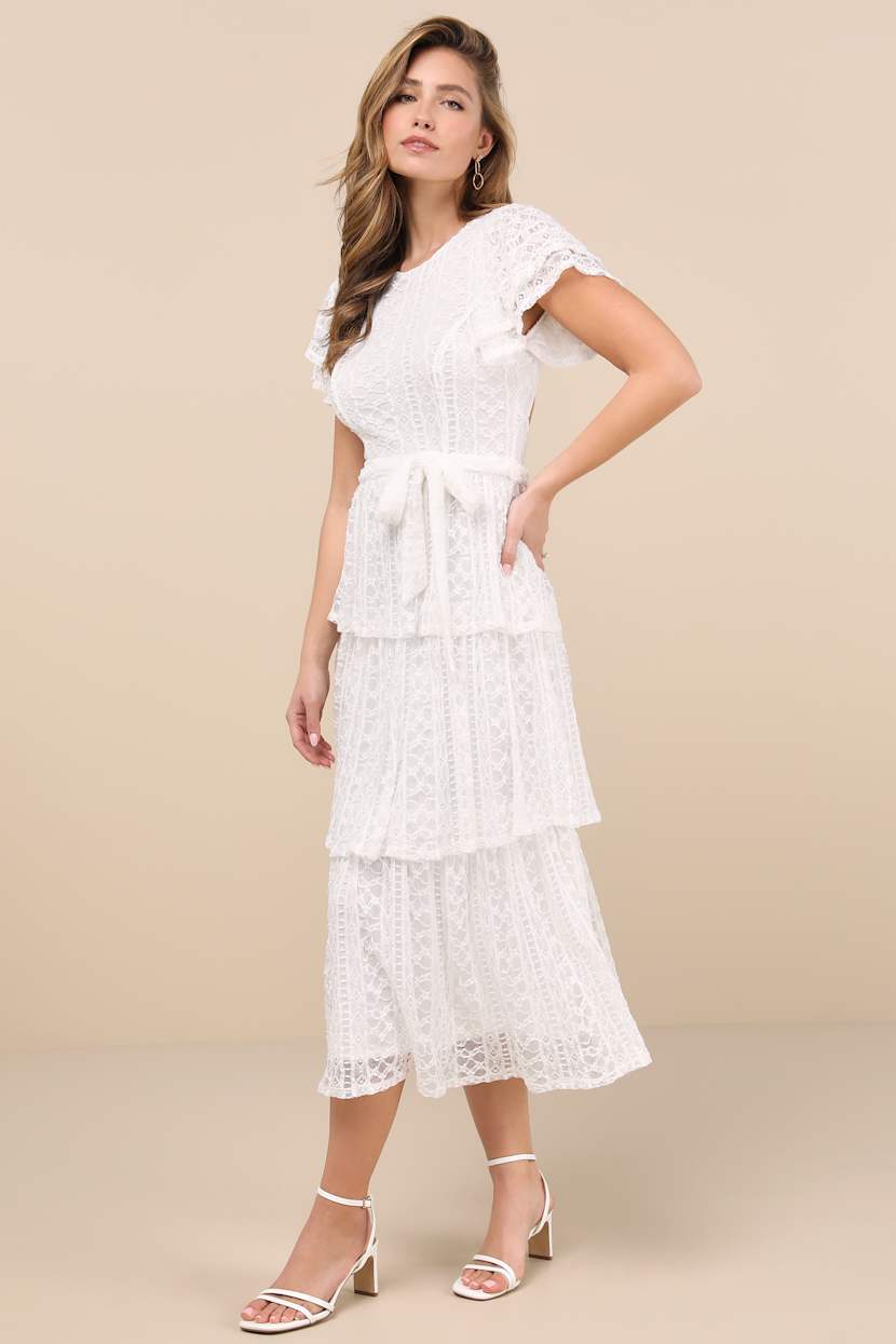 Ivory Lace Dress - Lacy Tiered Midi Dress - Backless Midi Dress - Lulus