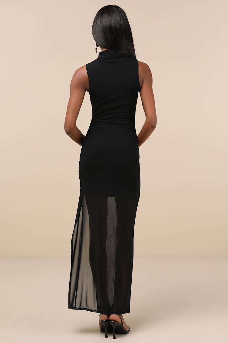 Renowned Glamour Black Mesh Mock Neck Maxi Dress