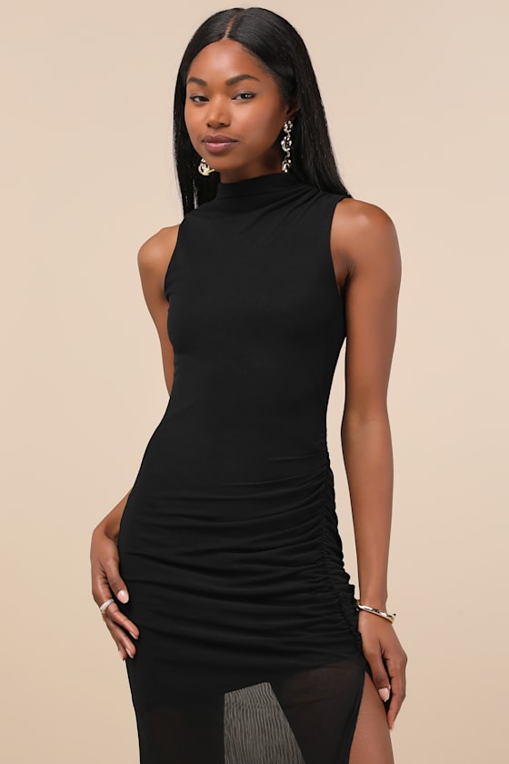 Lulus Renowned Glamour Black Mesh Mock Neck Maxi Dress In Black