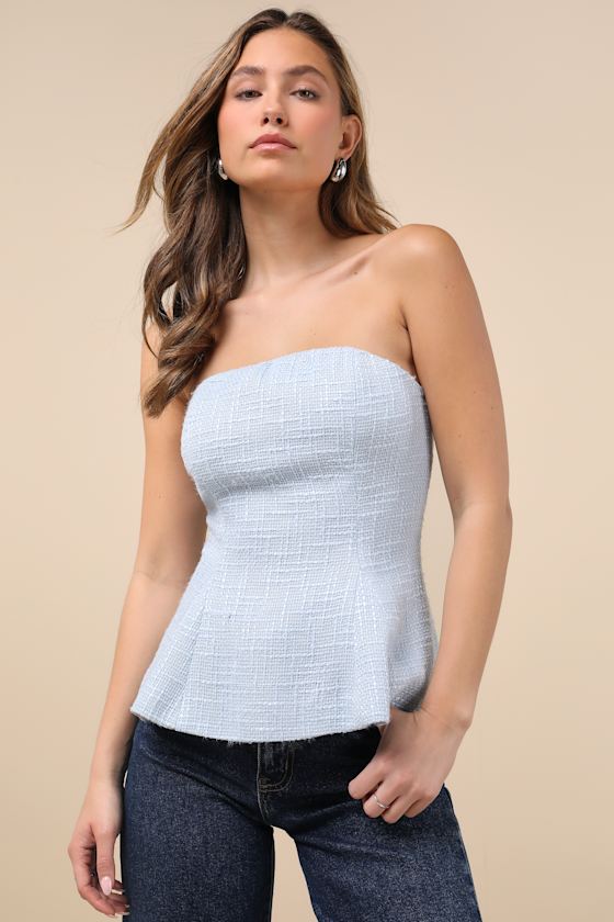 Sweetened Attitude Light Blue Tweed Strapless Peplum Top 1
