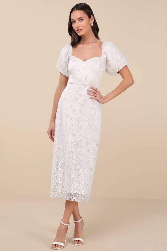 Image of Glorious Poise Ivory Sequin Pearl Puff Sleeve Midi Dress