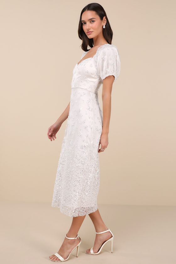 Lulus Glorious Poise Ivory Sequin Pearl Puff Sleeve Midi Dress In Ivory