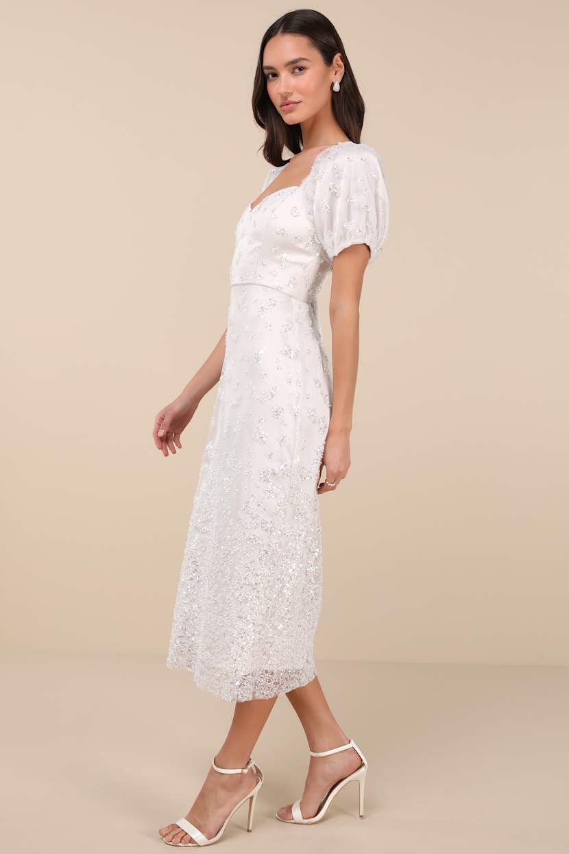Glorious Poise Ivory Sequin Pearl Puff Sleeve Midi Dress