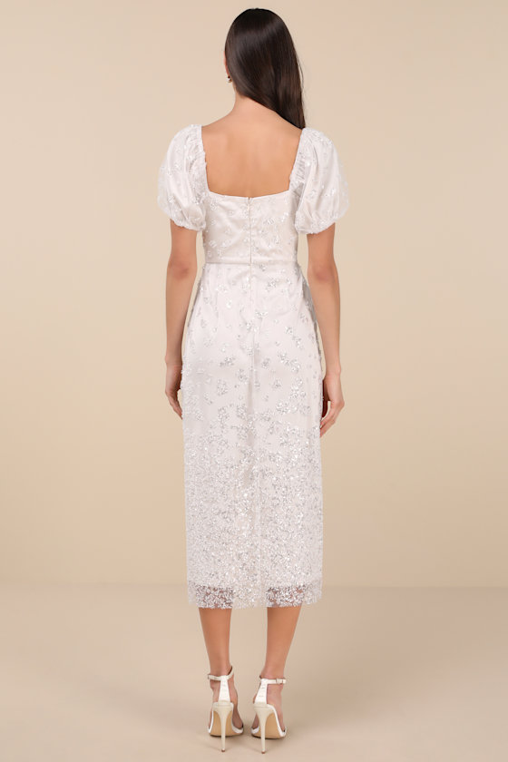 Lulus Glorious Poise Ivory Sequin Pearl Puff Sleeve Midi Dress In Ivory