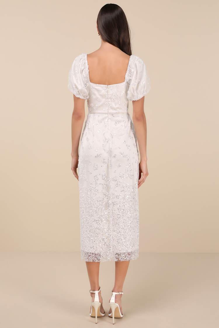Glorious Poise Ivory Sequin Pearl Puff Sleeve Midi Dress