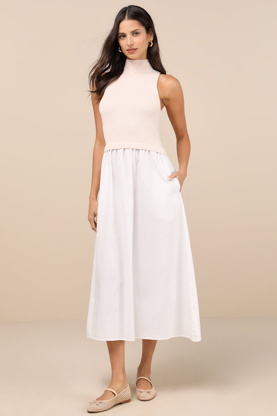 Lulus Confident Cues Ivory Two-tone Mixed Media Midi Dress In Ivory
