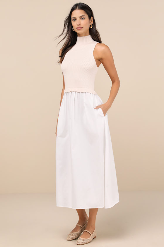 Lulus Confident Cues Ivory Two-tone Mixed Media Midi Dress In Ivory