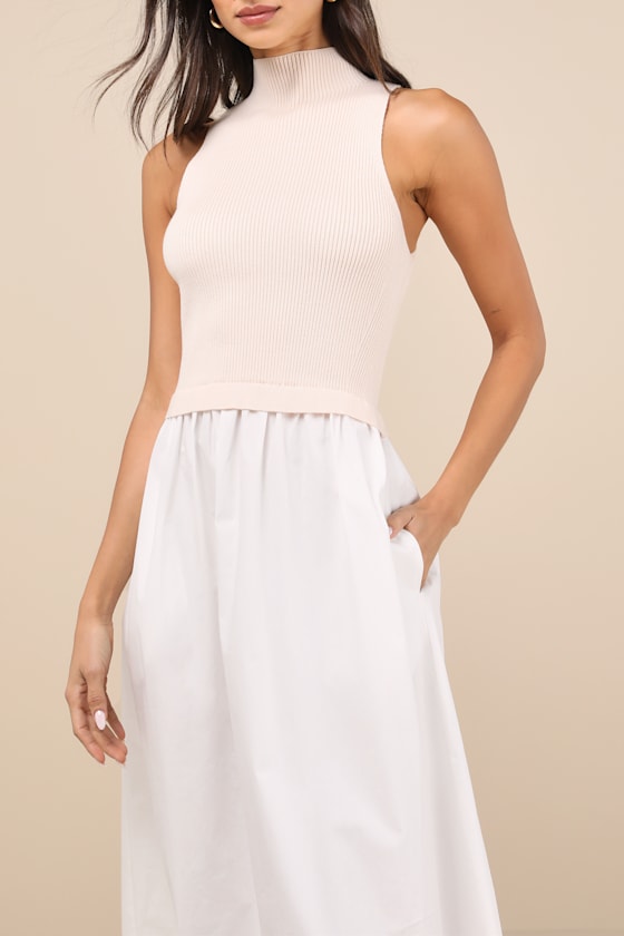 Lulus Confident Cues Ivory Two-tone Mixed Media Midi Dress In Ivory
