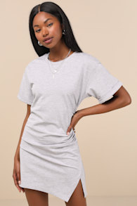 Effortless Approach Heather Grey Ruched Short Sleeve Mini Dress